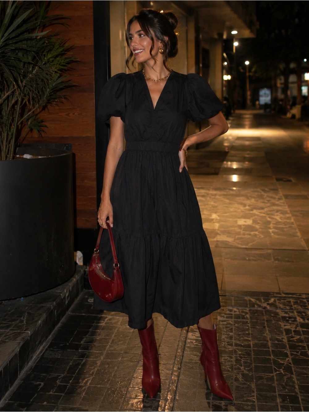 French Connection Black Puff Sleeve Tiered Maxi Dress